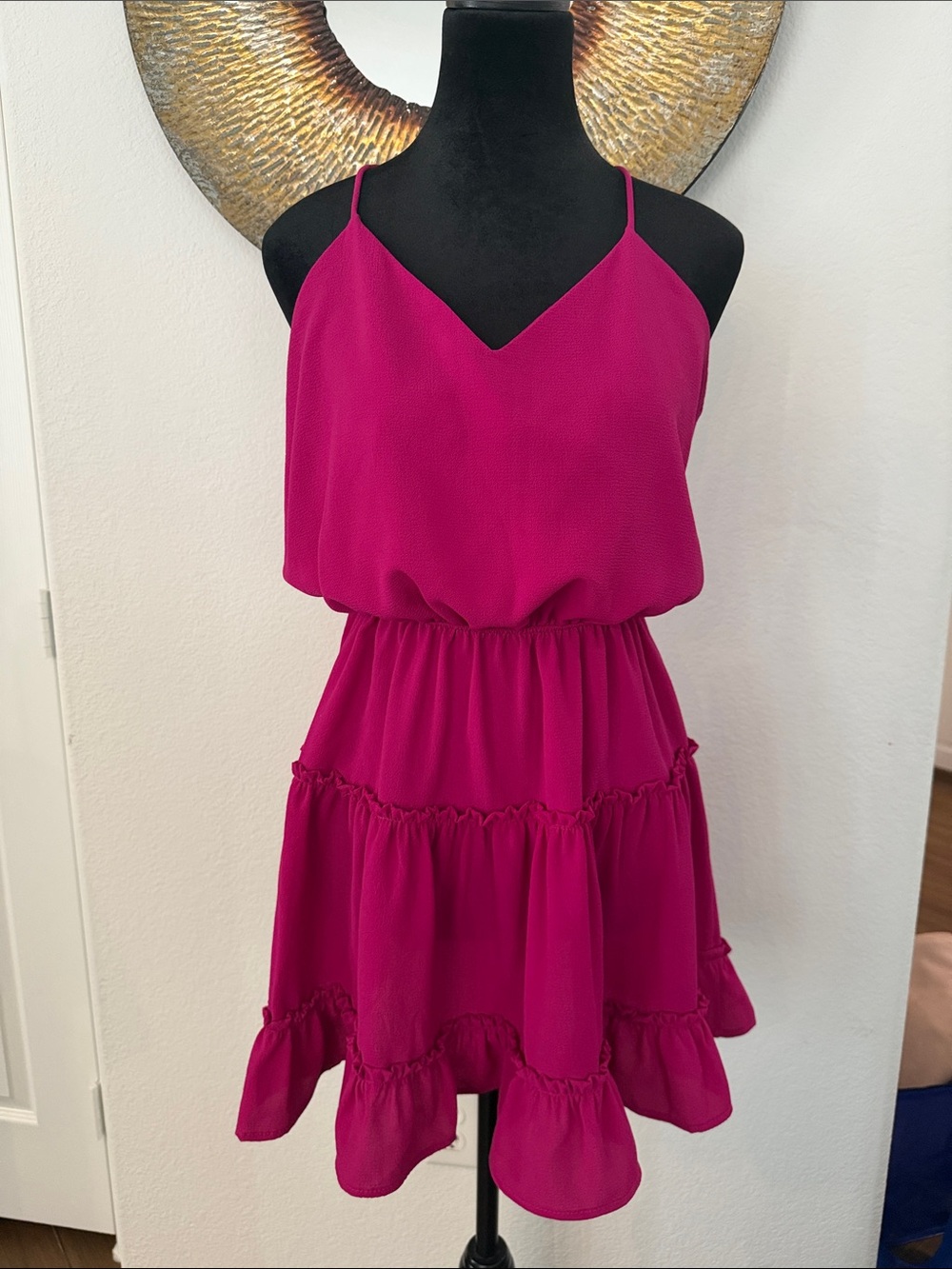 Vici Fuchsia Spaghetti-Strap Tiered Mini Dress